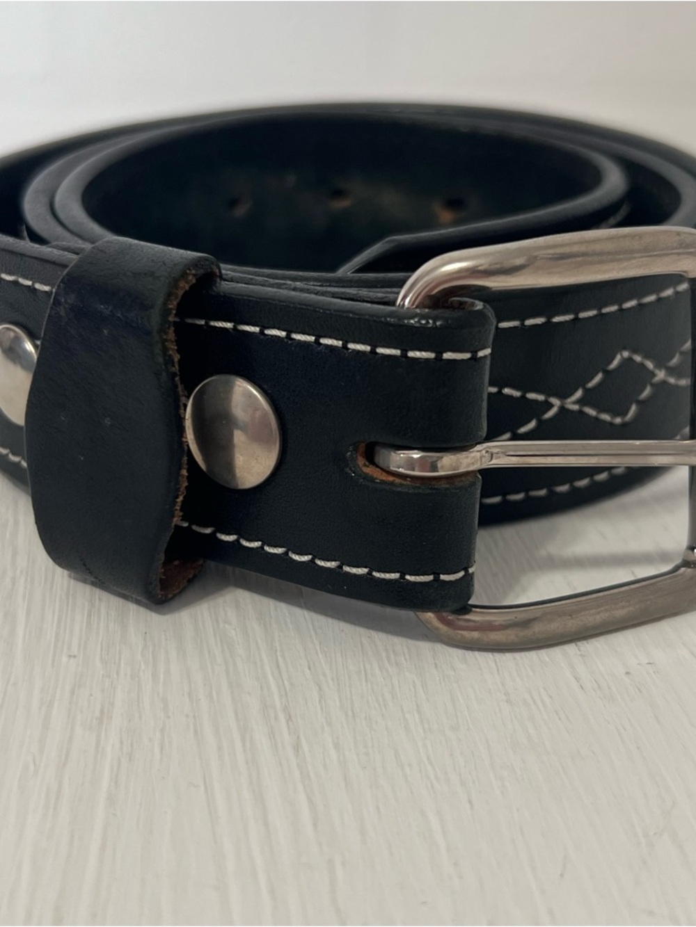 Brenneman’s Black Leather White Stitching Western Rodeo Moto Belt Size 38 USA